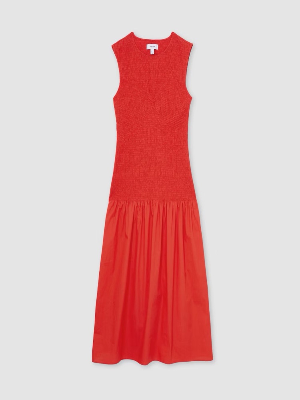 Reiss Annabel Smocked Drop Waist Cotton Bright Red Sleeveless Midi Dress - Picture 3 of 9